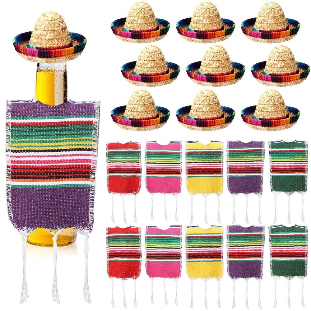 8314 10 Sets Tiny Sombrero Hats Mini Serapes for Bottles Beer Poncho Cover